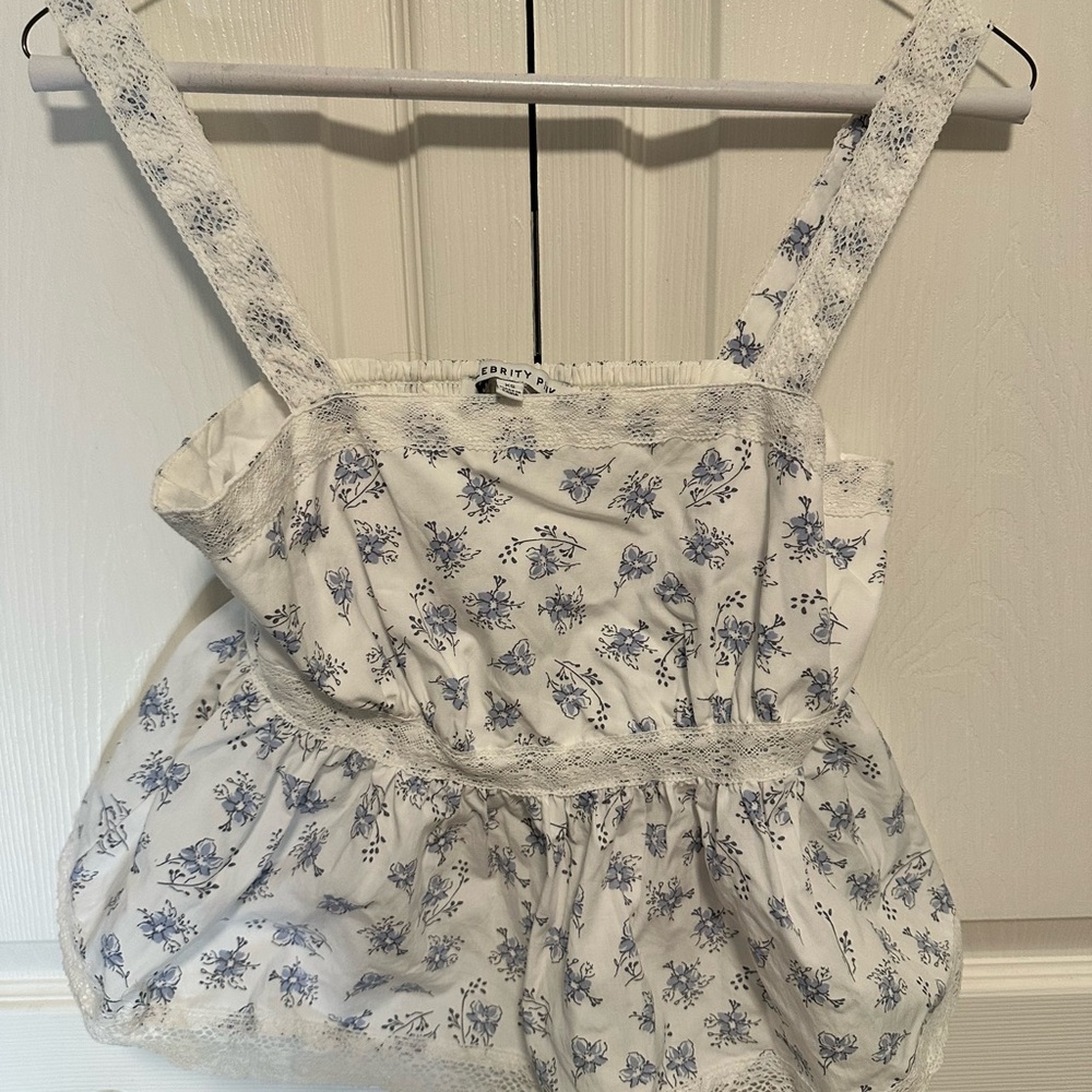 Celebrity Pink White and Blue Floral Blouse